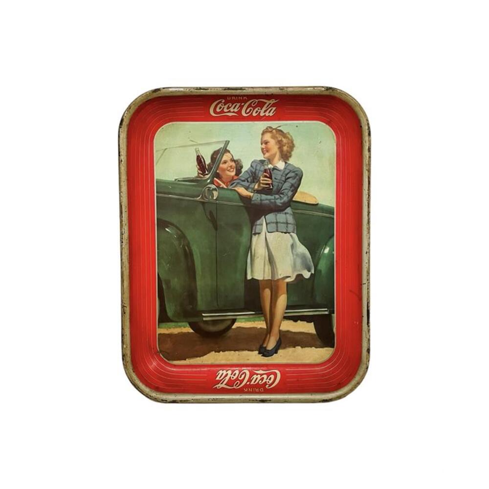 1942 Coca Cola Advertising Serving Tin Tray Two Girls at Car Roadster